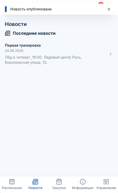 Список новостей команды в NASH Team